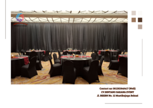 Jasa Sewa Tirai Lotto Hitam Dan Meja Bundar Cover hitam di Jakarta