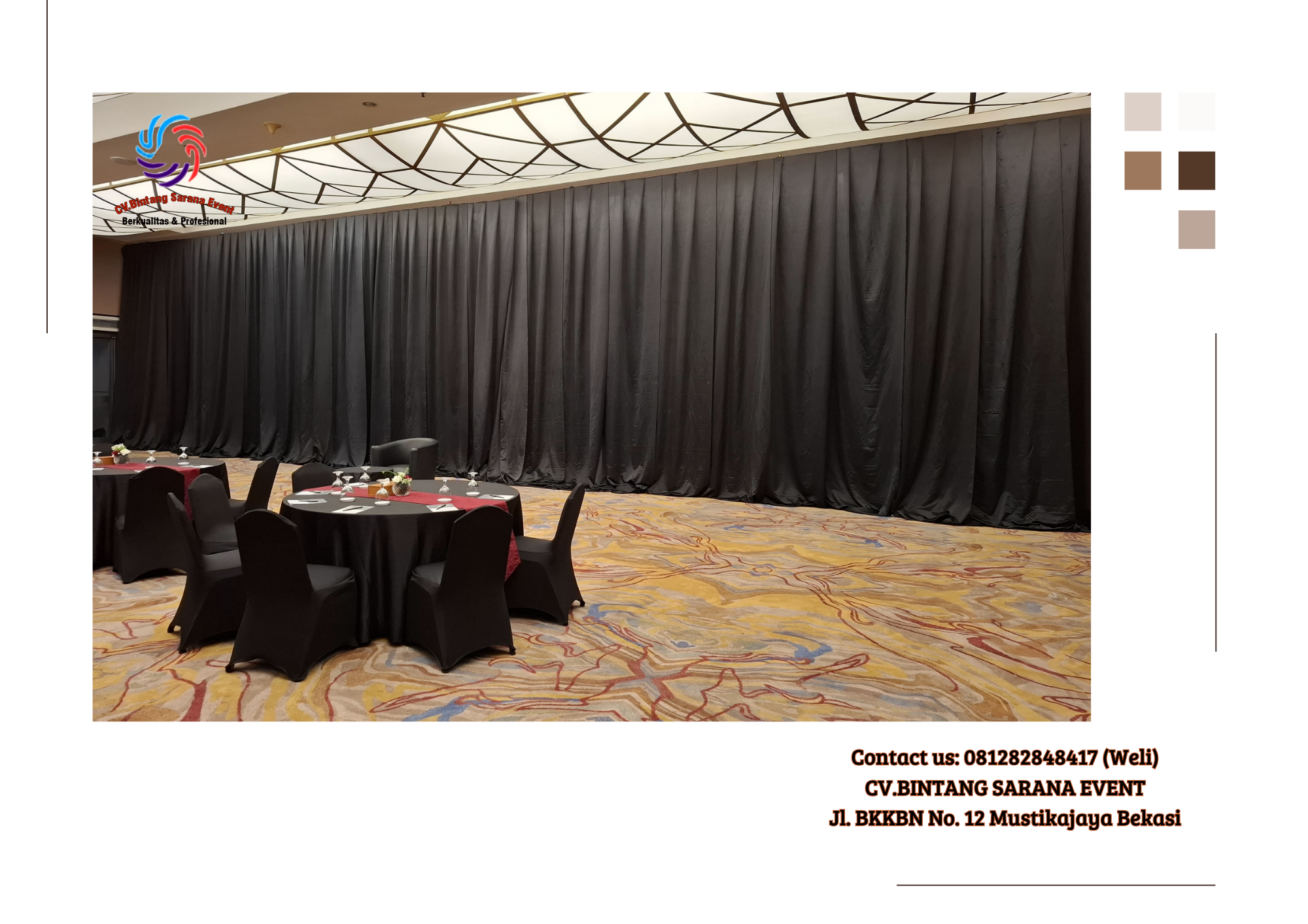 Jasa Sewa Tirai Lotto Hitam Dan Meja Bundar Cover hitam di Jakarta