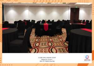 Rental round table Cover taplak Meja hitam Runner Merah Bogor