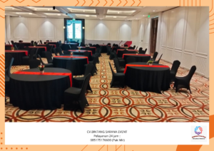 Rental round table Cover taplak Meja hitam Runner Merah Bogor
