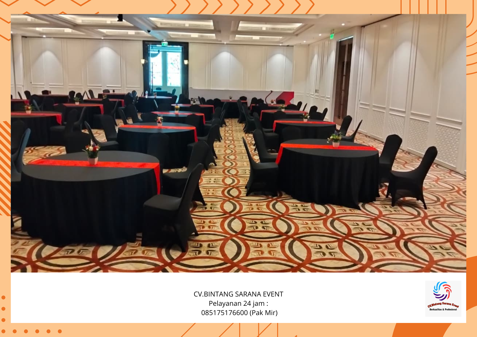 Rental round table Cover taplak Meja hitam Runner Merah Bogor