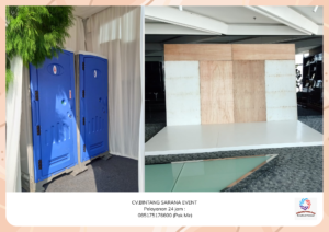 Rental toilet portable panggung Melaminto putih Dan Backdrop Cikarang