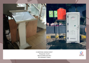 Sewa Podium putih frame stainless Dan Toilet portable Area jakarta