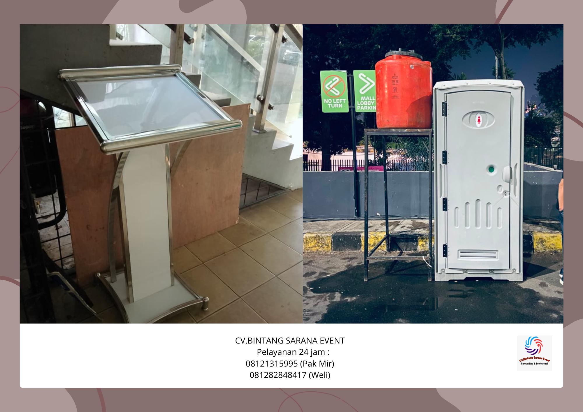 Sewa Podium putih frame stainless Dan Toilet portable Area jakarta