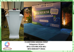 Sewa meja Bulat Cover hitam Dan panggung Bekasi