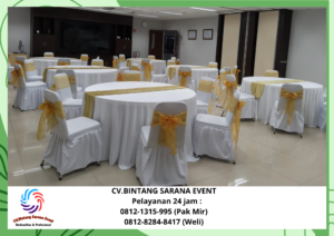 Sewa Meja bulat tebar putih runer gold Cakung 08121315995