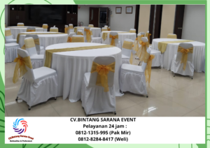 Sewa Meja bulat tebar putih runer gold Cakung 08121315995