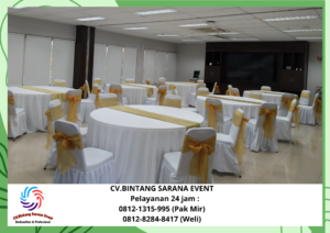 Sewa Meja bulat tebar putih runer gold Cakung 08121315995