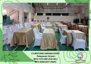 Sewa cover meja gold dan kursi Futura cover putih jakarta